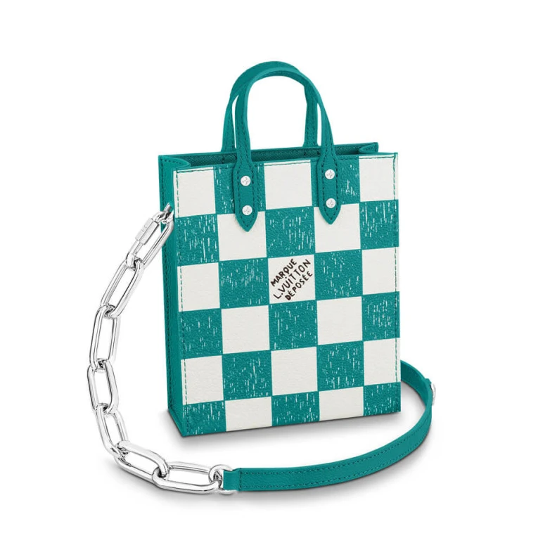 Handle: D Louis Vuitton Damier Checkerboard Pattern Sac Plat XS Turquoise