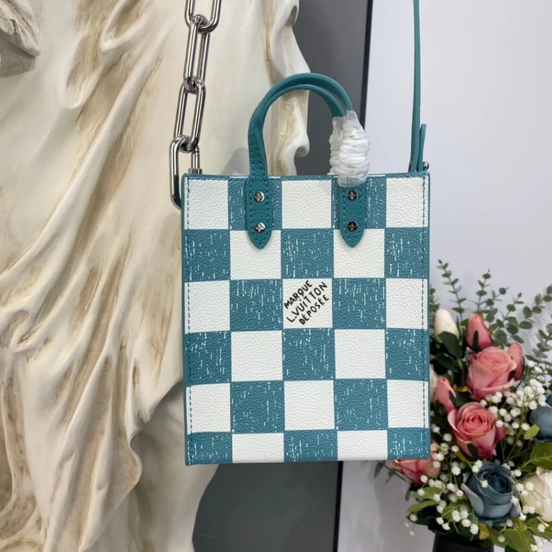 Handle: D Louis Vuitton Damier Checkerboard Pattern Sac Plat XS Turquoise