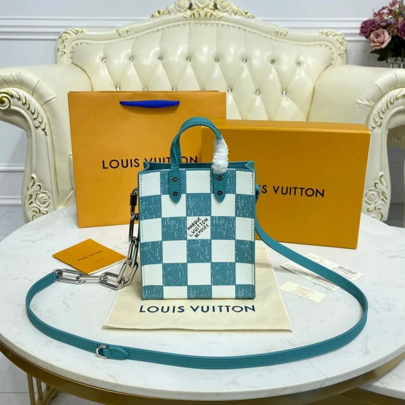 Handle: D Louis Vuitton Damier Checkerboard Pattern Sac Plat XS Turquoise