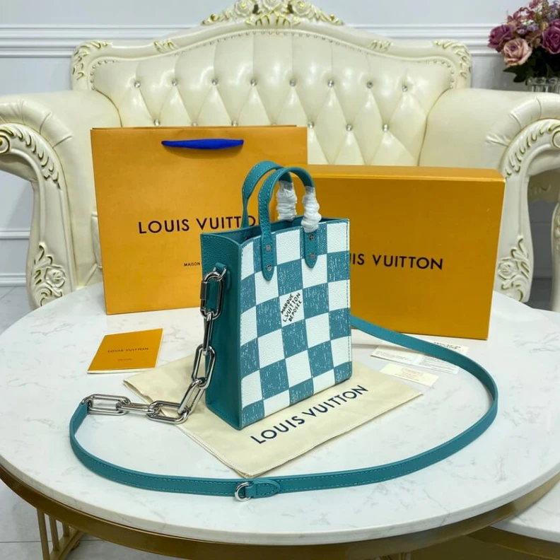 Handle: D Louis Vuitton Damier Checkerboard Pattern Sac Plat XS Turquoise