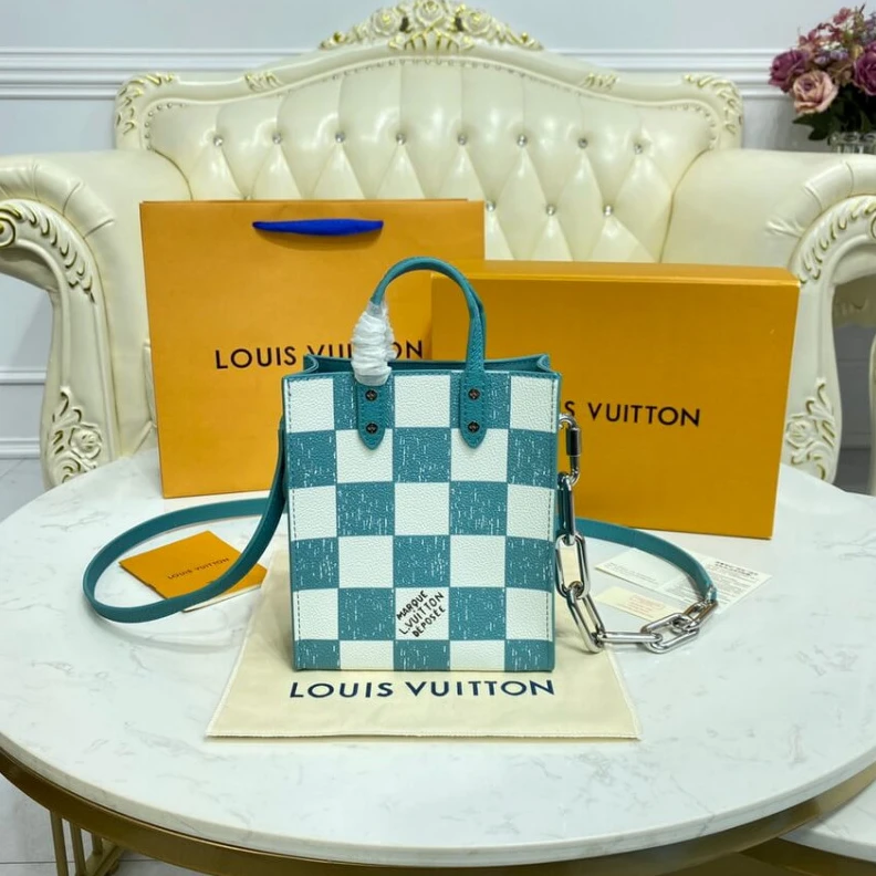 Handle: D Louis Vuitton Damier Checkerboard Pattern Sac Plat XS Turquoise