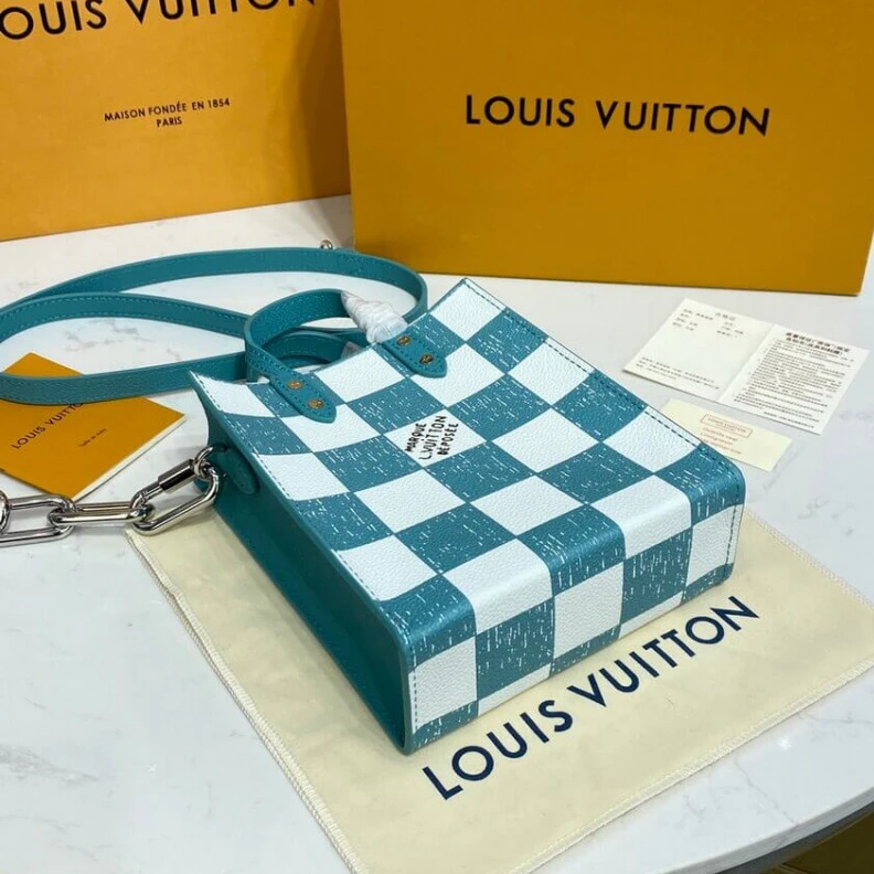 Handle: D Louis Vuitton Damier Checkerboard Pattern Sac Plat XS Turquoise