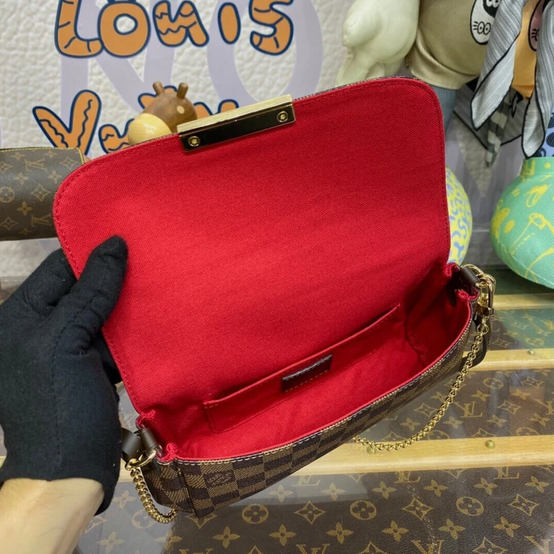 Louis vuitton locations Shiny gol LV Damier Ebene Canvas Favorite PM