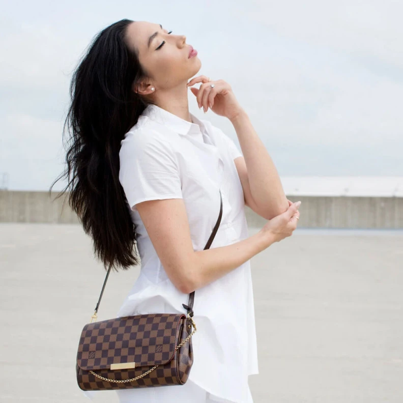 Louis vuitton locations Shiny gol LV Damier Ebene Canvas Favorite PM