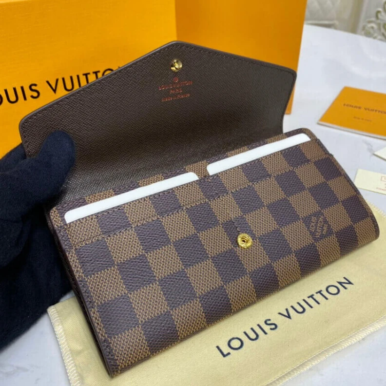 Lv belts replica Press stu Louis Vuitton Damier Ebene Sarah Wallet Brown