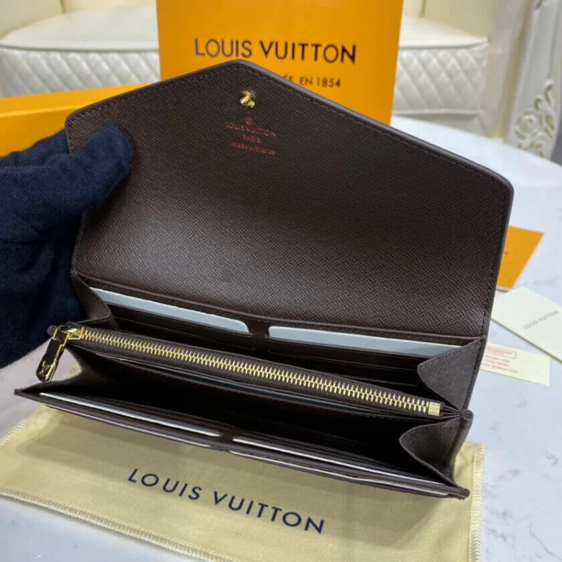 Lv belts replica Press stu Louis Vuitton Damier Ebene Sarah Wallet Brown