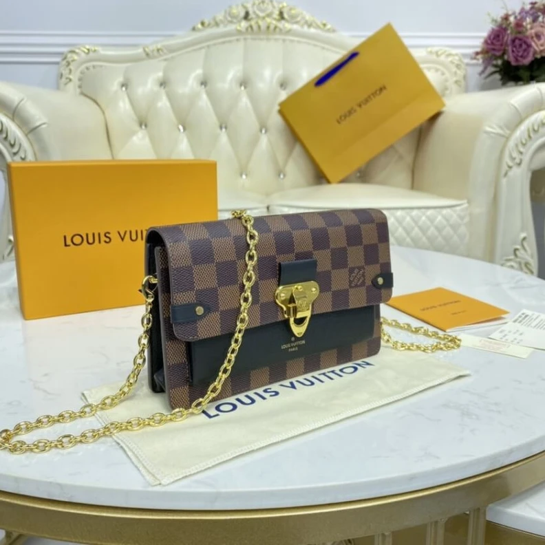 Replica bags 19 x 12.5 LV Damier Ebene Vavin Chain Wallet Black