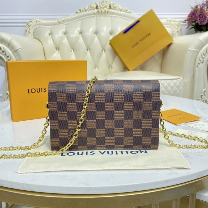 Replica bags 19 x 12.5 LV Damier Ebene Vavin Chain Wallet Black