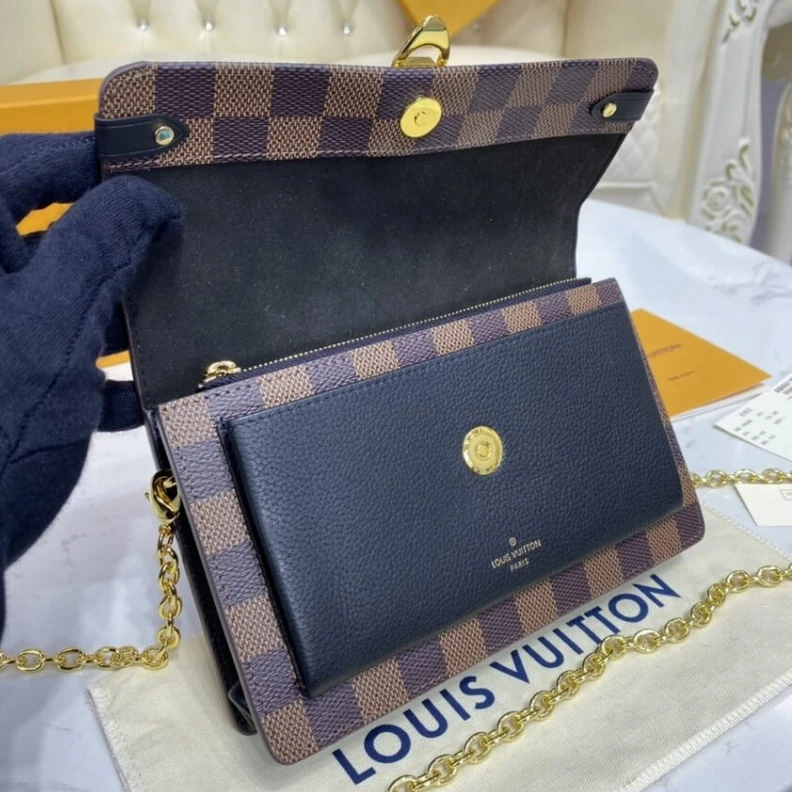 Replica bags 19 x 12.5 LV Damier Ebene Vavin Chain Wallet Black