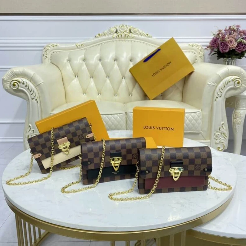 Replica bags 19 x 12.5 LV Damier Ebene Vavin Chain Wallet Black