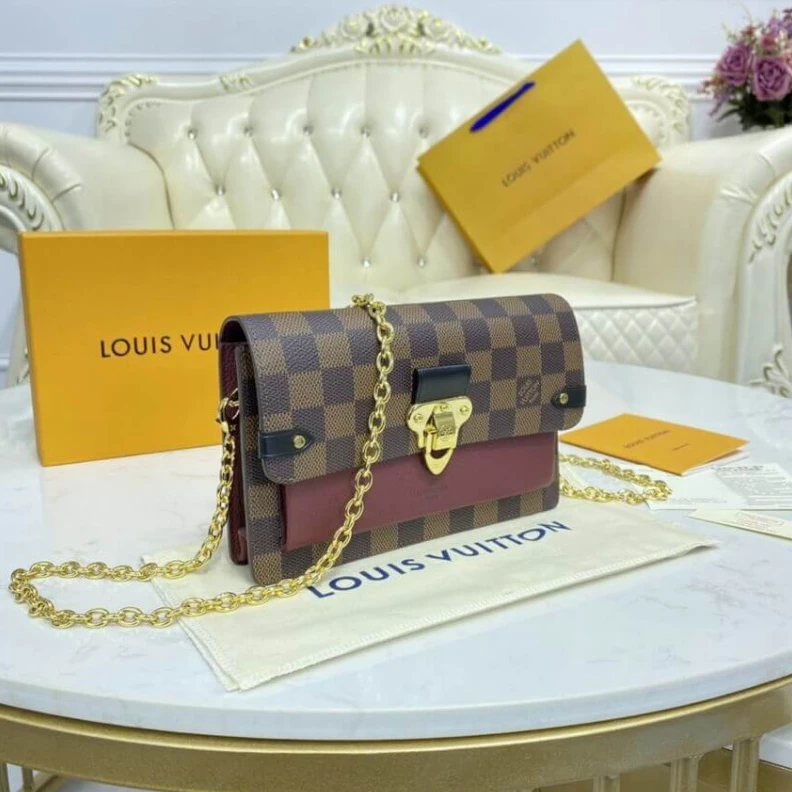 Louis vuitton locations Large zip Louis Vuitton Damier Ebene Vavin Chain Wallet Bordeaux Black