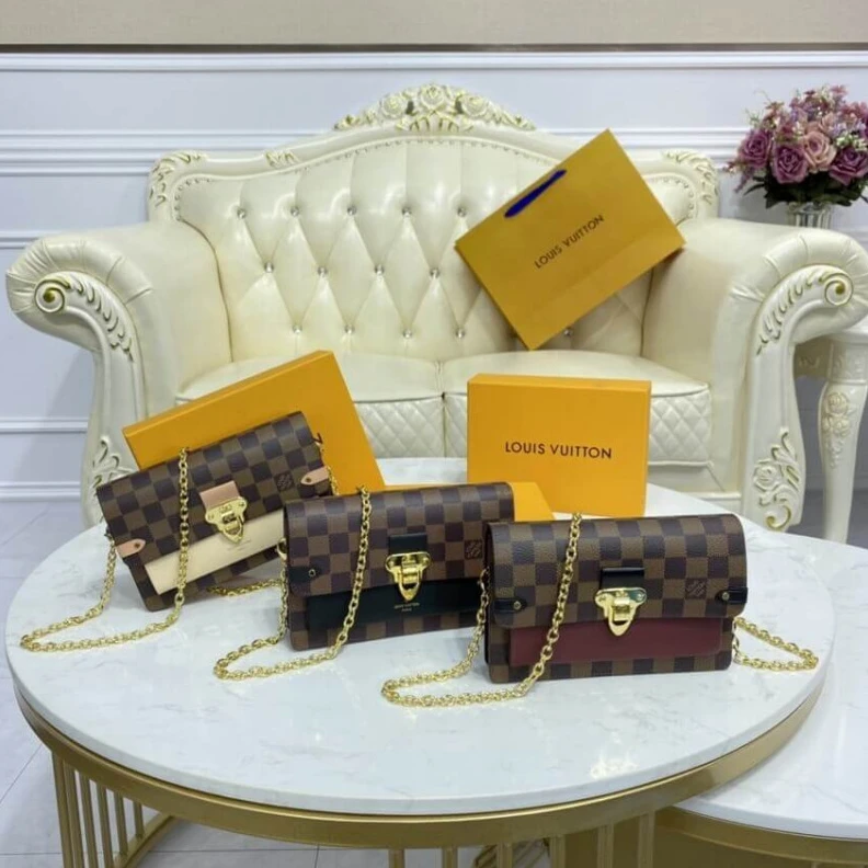 Louis vuitton locations Large zip Louis Vuitton Damier Ebene Vavin Chain Wallet Bordeaux Black