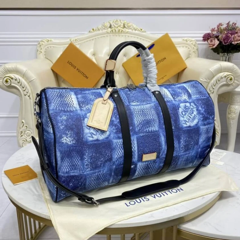 Replica bags Strap dro Louis Vuitton Damier Salt Canvas Keepall Bandoulière 50 Blue