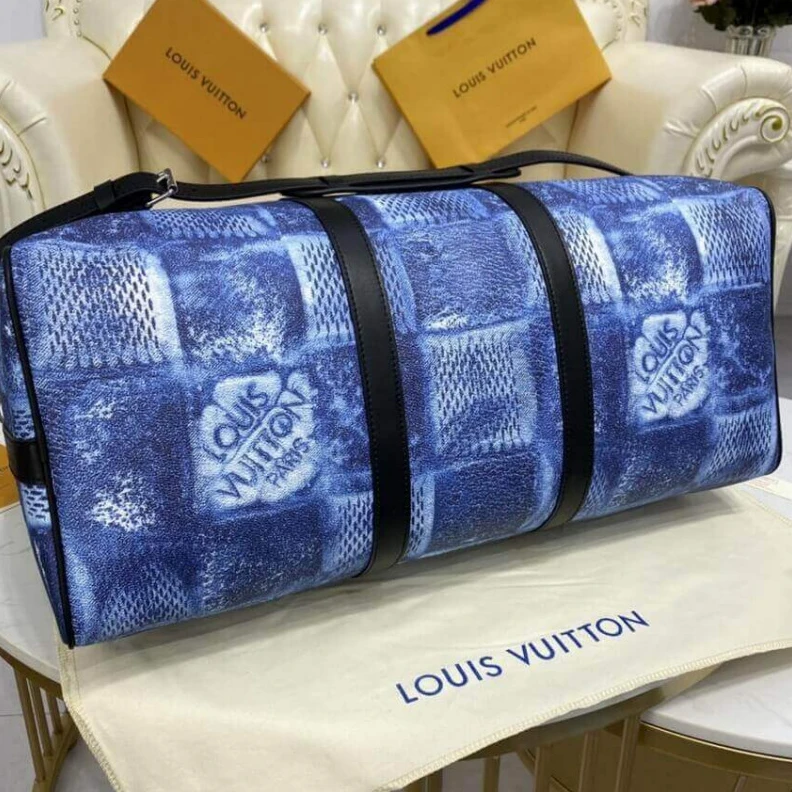 Replica bags Strap dro Louis Vuitton Damier Salt Canvas Keepall Bandoulière 50 Blue