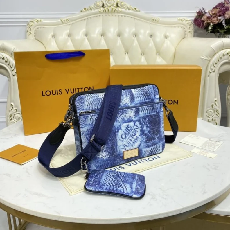 Top lv Strap dro Louis Vuitton Damier Salt Canvas Trio Messenger Blue