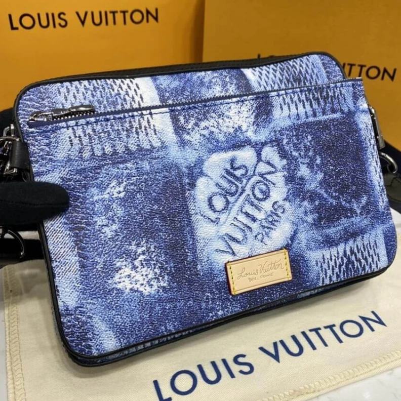Top lv Strap dro Louis Vuitton Damier Salt Canvas Trio Messenger Blue