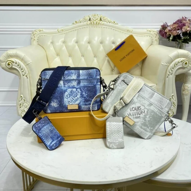 Top lv Strap dro Louis Vuitton Damier Salt Canvas Trio Messenger Blue
