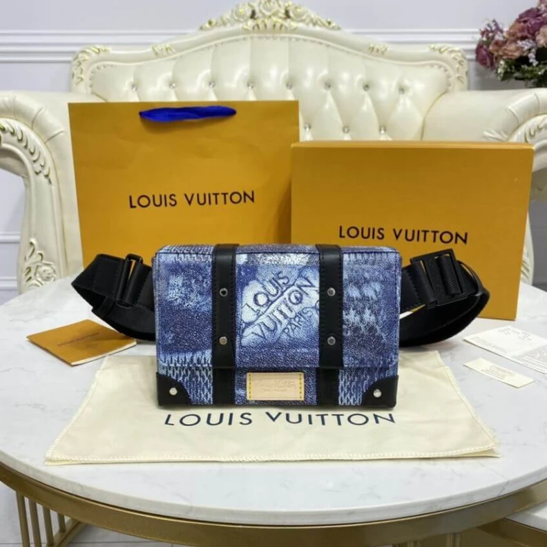 Top lv Strap dro Louis Vuitton Damier Salt Canvas Trunk Slingbag Blue