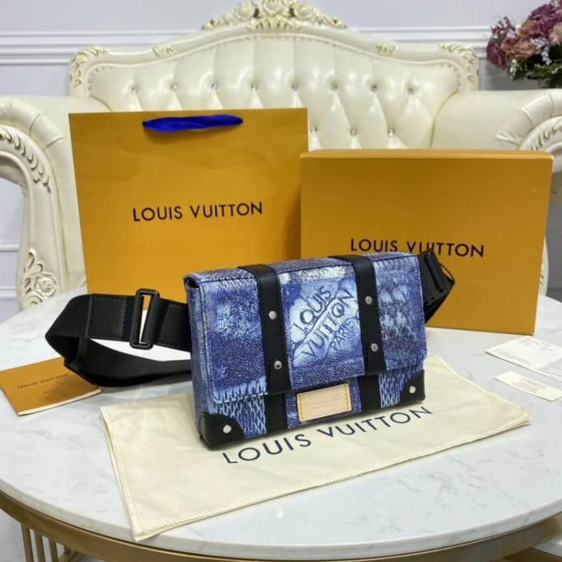 Top lv Strap dro Louis Vuitton Damier Salt Canvas Trunk Slingbag Blue