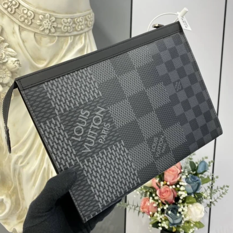 Top lv Zip closu Louis Vuitton Gray Damier Graphite 3D Canvas Pochette Voyage