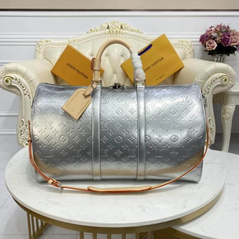 Leather h Louis Vuitton Keepall Bandouliere 50 Silver