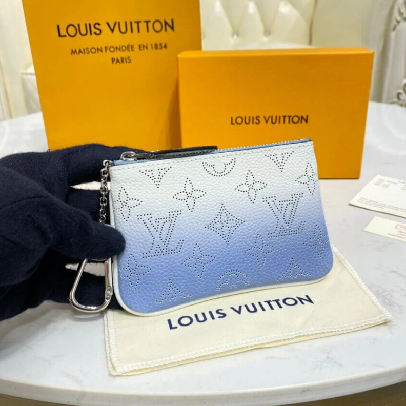 Microfibe Louis Vuitton Key Pouch in Blue Gradient Mahina Perforated Leather