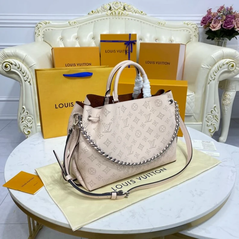 Replica bags lv Strap dro Louis Vuitton Mahina Calf Leather Bella Tote Cream