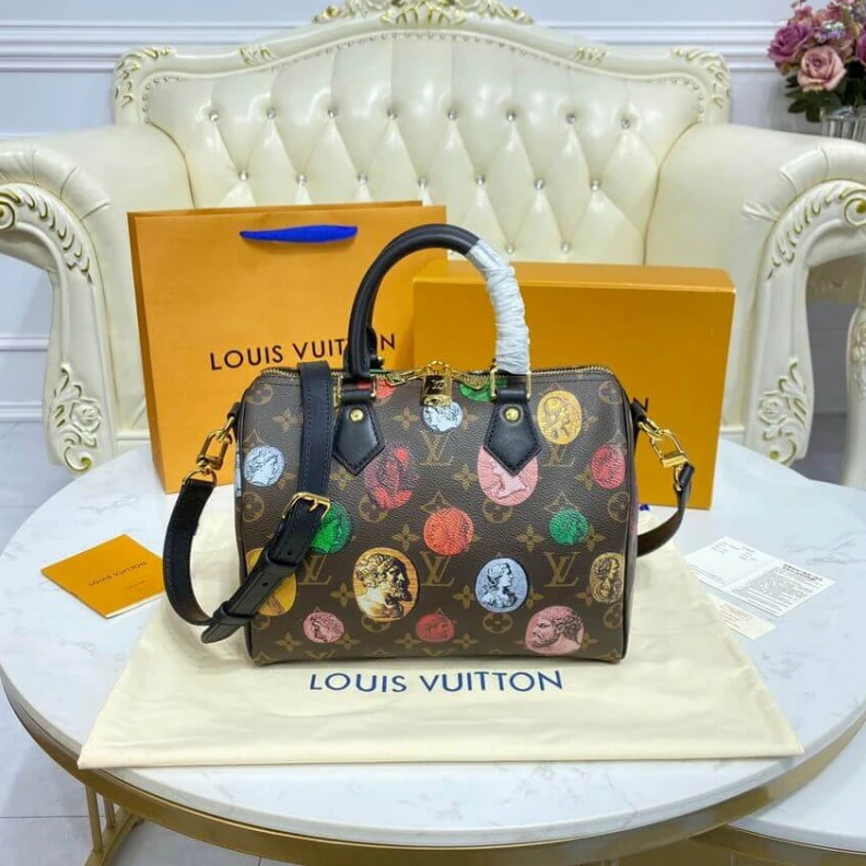 Top lv Microfibe Louis Vuitton Monogram Cameo Printed Speedy Bandouliere 25