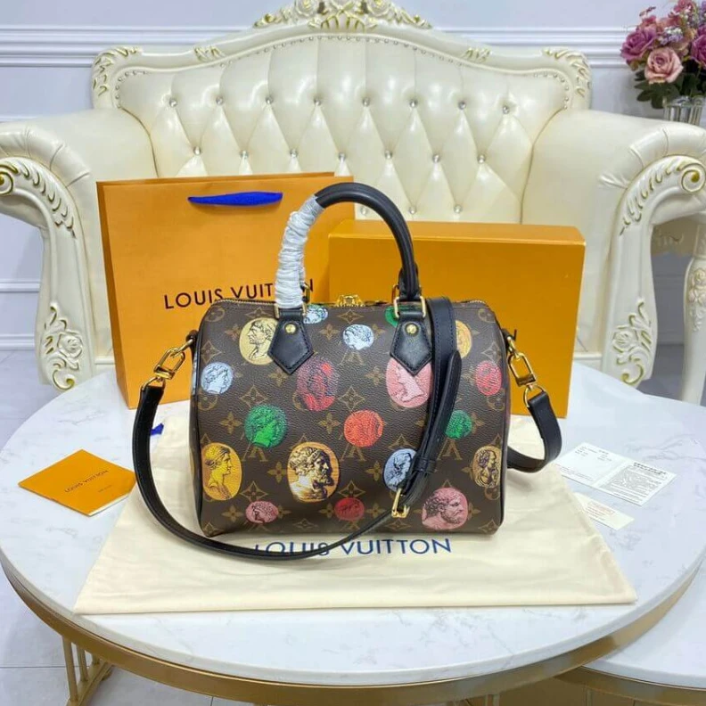 Top lv Microfibe Louis Vuitton Monogram Cameo Printed Speedy Bandouliere 25