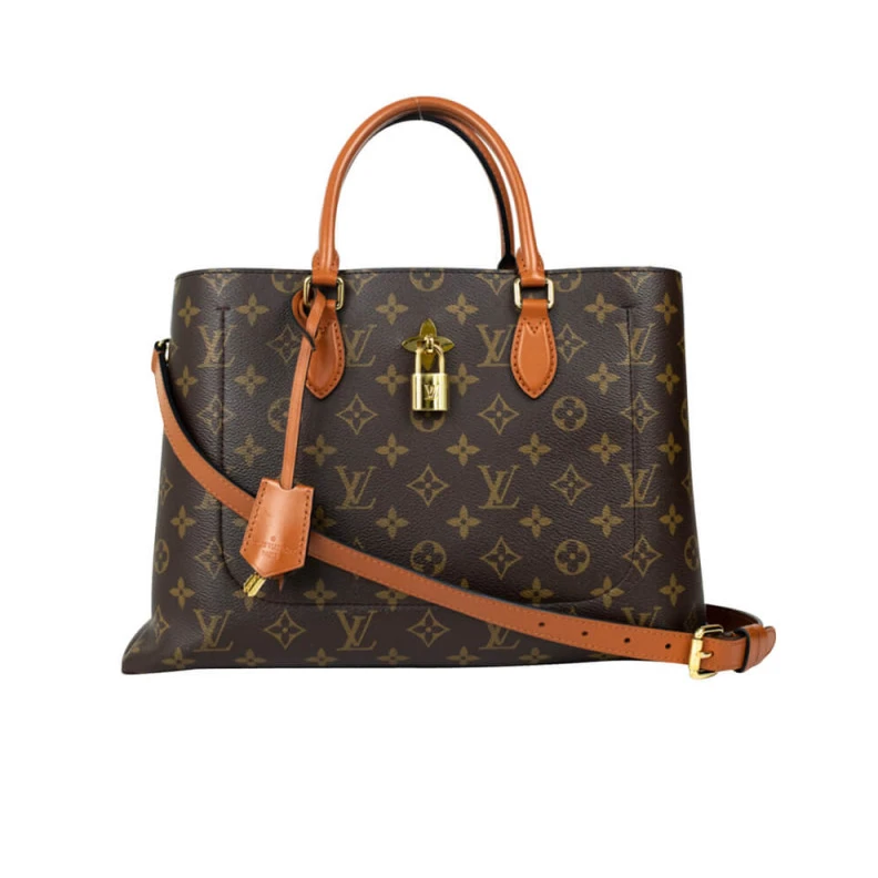 Handle: D LV Monogram Canvas Flower Tote Caramel