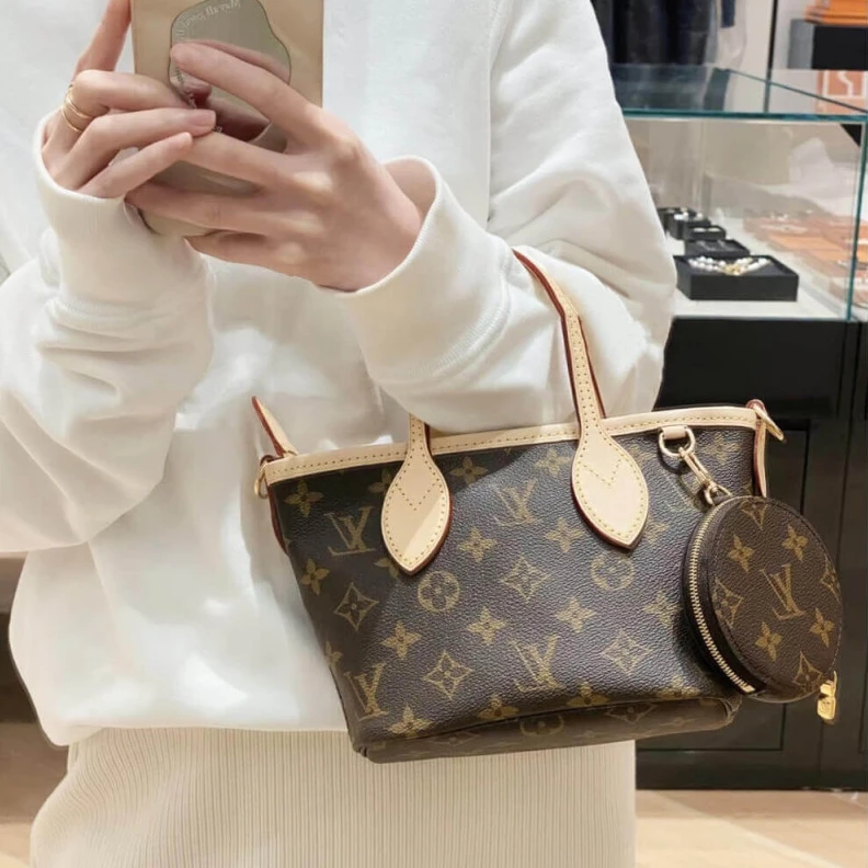 Top lv Strap dro Louis Vuitton Monogram Canvas Neverfull BB Beige