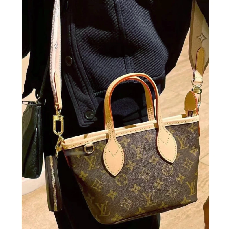 Top lv Strap dro Louis Vuitton Monogram Canvas Neverfull BB Beige
