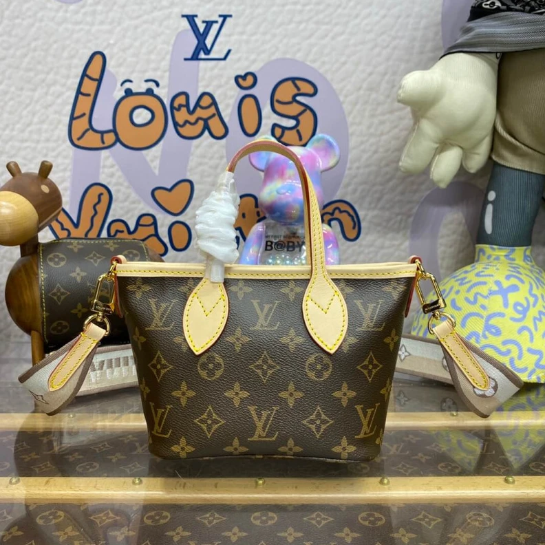 Top lv Strap dro Louis Vuitton Monogram Canvas Neverfull BB Beige
