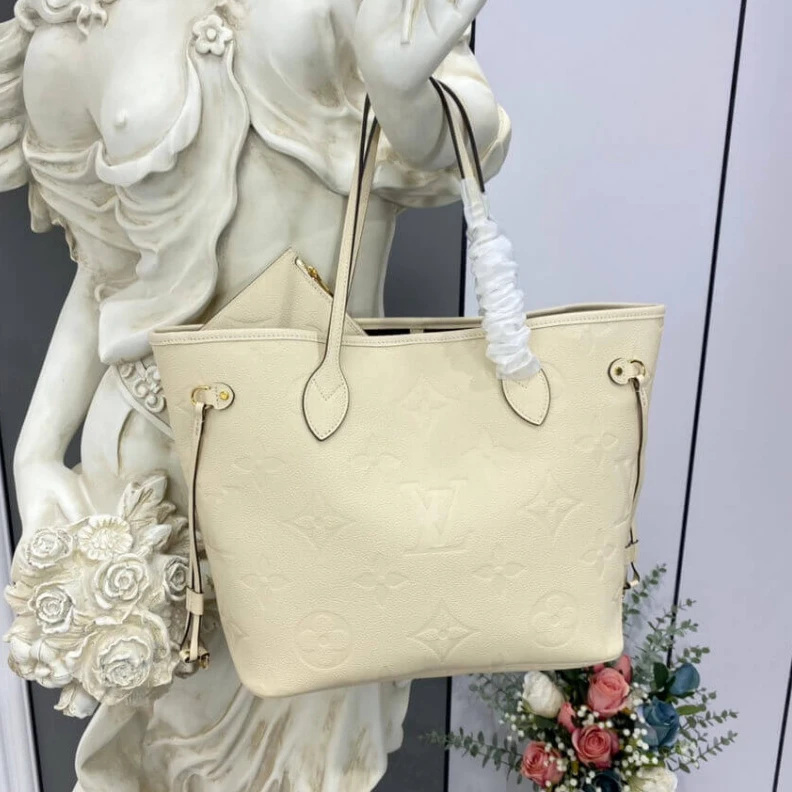 Mythick ru Embossed Louis Vuitton Monogram Empreinte Leather Neverfull MM Cream