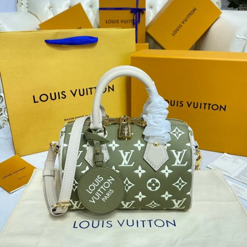 Replica bags lv Doublezip Louis Vuitton Monogram Empreinte Leather Speedy Bandouliere 20 Khaki