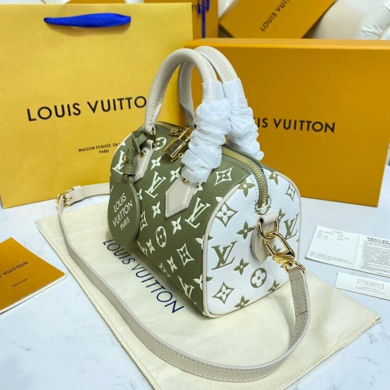 Replica bags lv Doublezip Louis Vuitton Monogram Empreinte Leather Speedy Bandouliere 20 Khaki