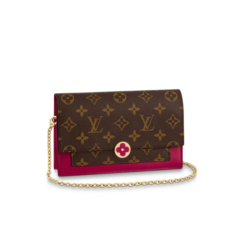Chain: Re LV Monogram Flore Chain Wallet Fuchsia
