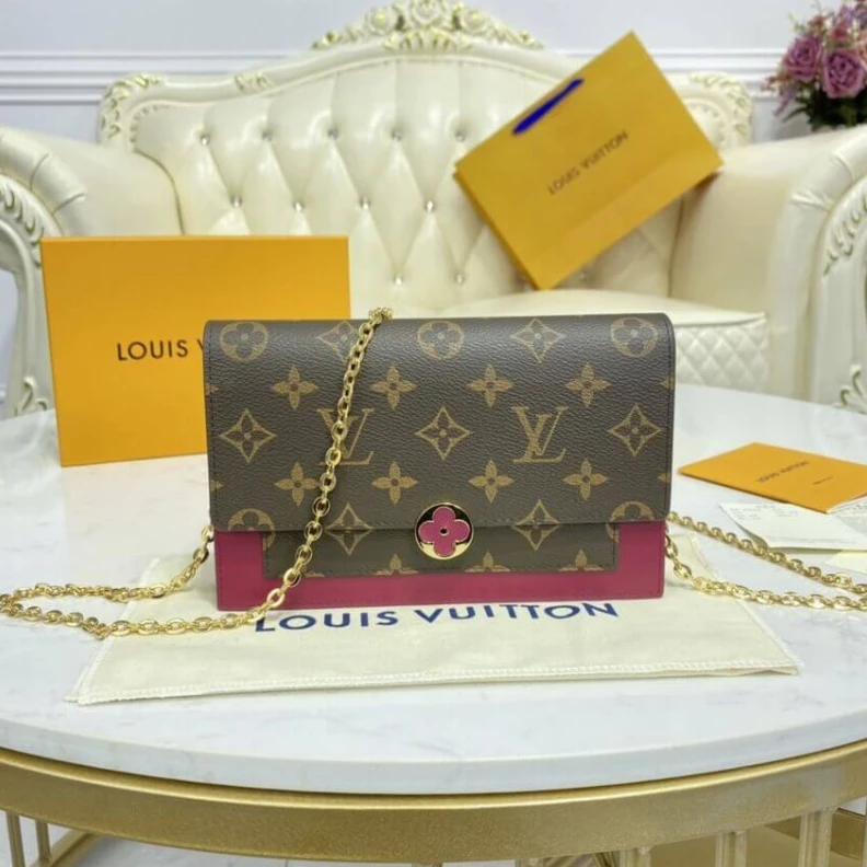 Mythick Chain: Re LV Monogram Flore Chain Wallet Fuchsia
