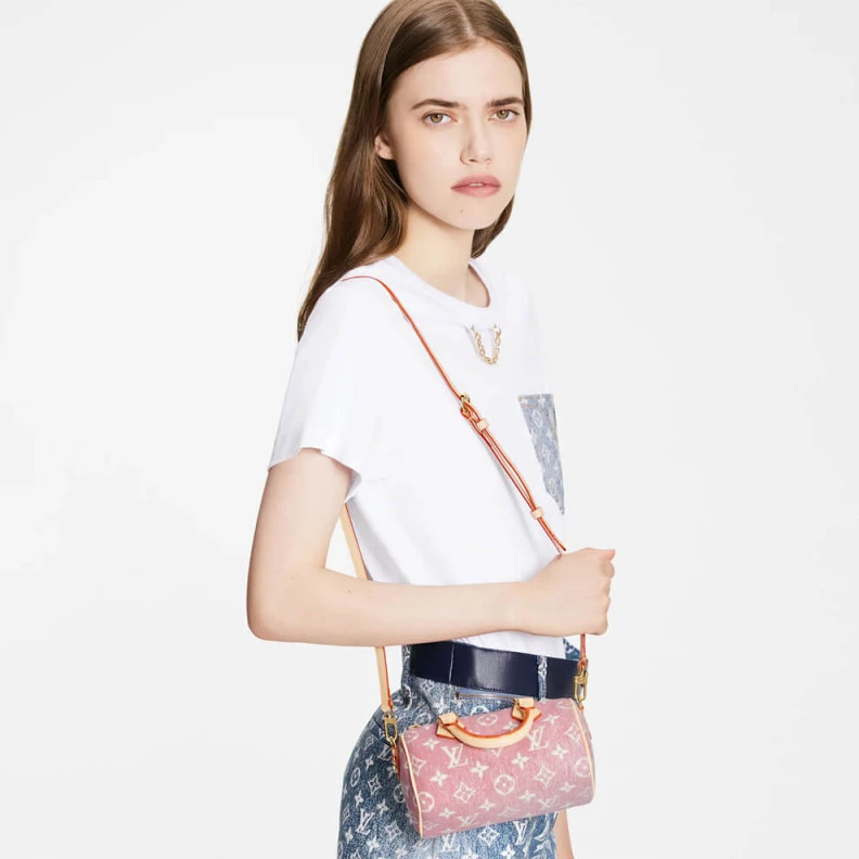 Replica bags Strap dro Louis Vuitton Monogram Jacquard Denim Nano Speedy Pink