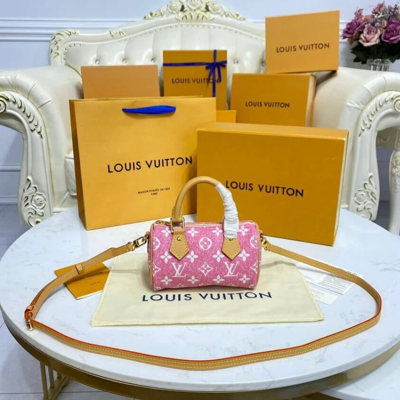 Replica bags Strap dro Louis Vuitton Monogram Jacquard Denim Nano Speedy Pink