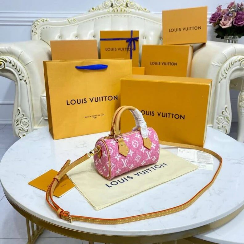Replica bags Strap dro Louis Vuitton Monogram Jacquard Denim Nano Speedy Pink