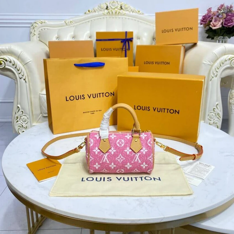 Replica bags Strap dro Louis Vuitton Monogram Jacquard Denim Nano Speedy Pink