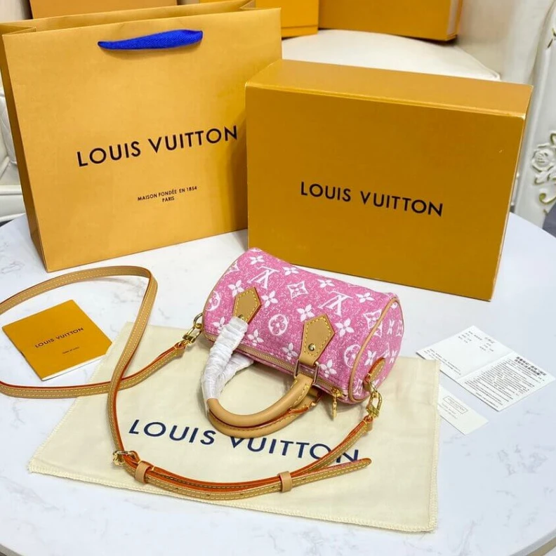 Replica bags Strap dro Louis Vuitton Monogram Jacquard Denim Nano Speedy Pink
