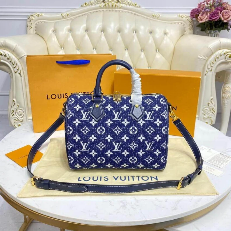 Replica bag Goldcolor Louis Vuitton Monogram Jacquard Denim Speedy Bandouliere 25 Blue