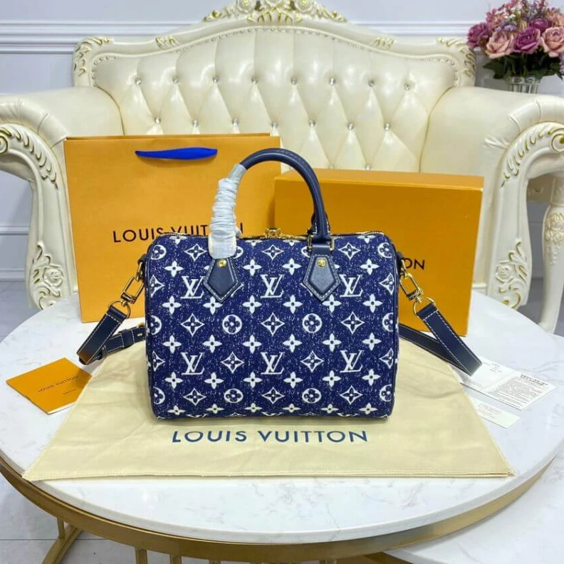 Replica bag Goldcolor Louis Vuitton Monogram Jacquard Denim Speedy Bandouliere 25 Blue