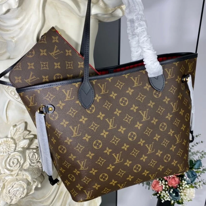 31 x 28 x Louis Vuitton Monogram Neverfull MM Black Red