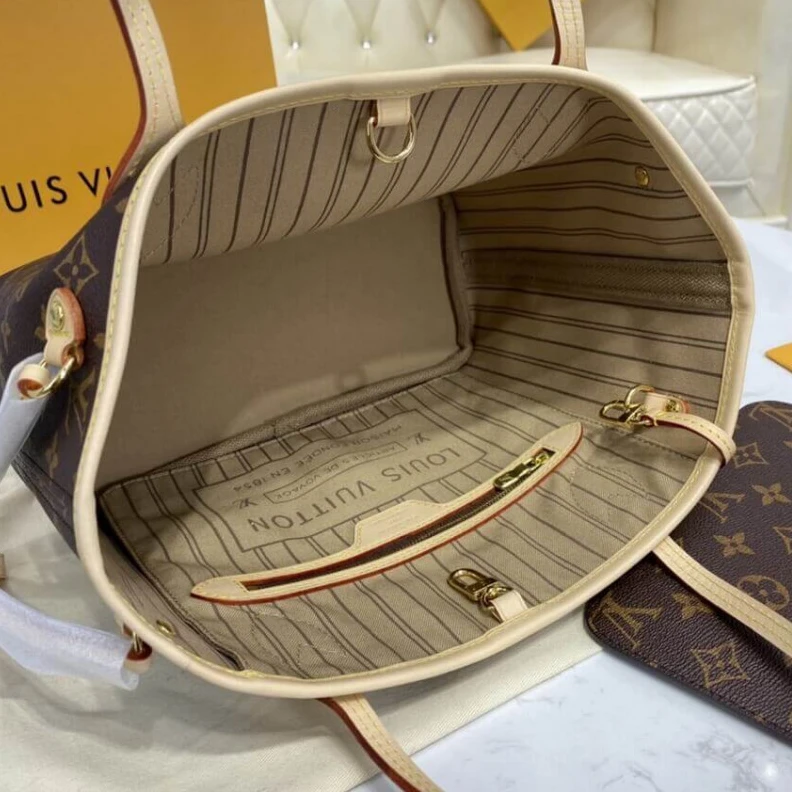 Mythick ru Flat, tex Louis Vuitton Monogram Neverfull PM Beige