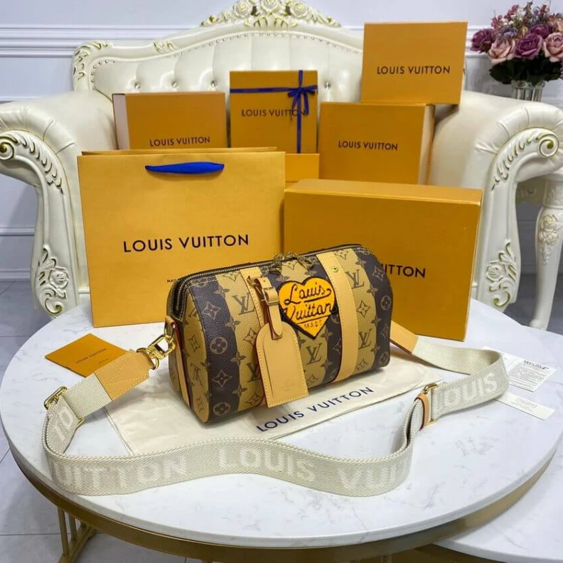 Mythick Cowhidele Louis Vuitton Monogram Stripes Brown City Keepall