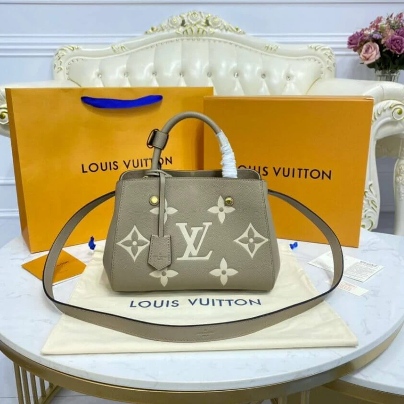 Replica bag Microfibe Louis Vuitton Montaigne BB Tourterelle Gray Cream
