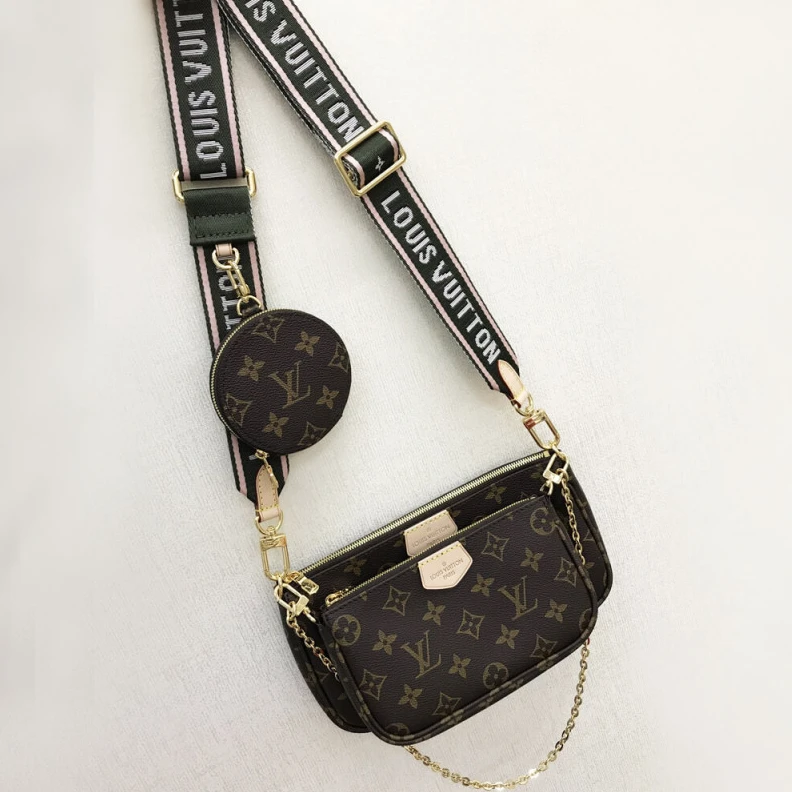 Goldcolor Louis Vuitton Multi Pochette Accessoires Khaki and Pink Strap